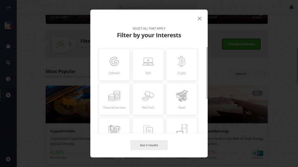 Filtering interest on eToro's Smart Portfolios